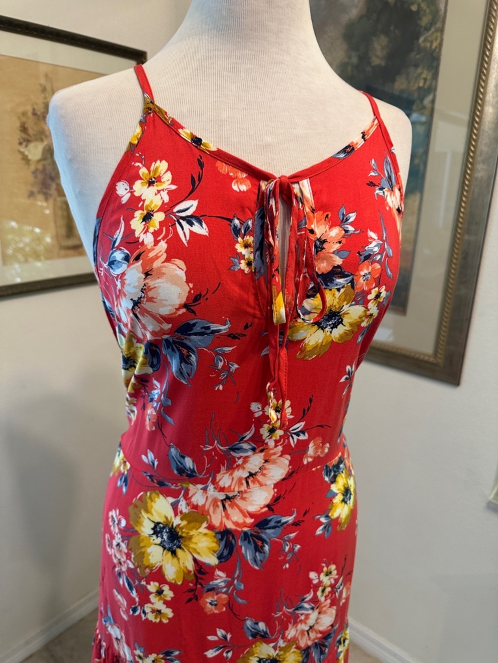 Band of Gypsies Red Floral Boho Maxi Dress w/Adjustable Straps Size Large - Picture 3 of 16